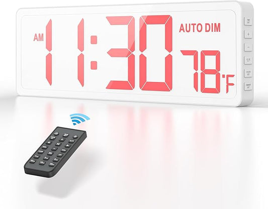 REACHER 16.5" Large Digital Wall Timer Clock with Countdown Timer, Auto Dimmer, Temperature, Remote Control, LED Wall Clock for Home Decor, Living Room, Office, Gym, Classroom, White