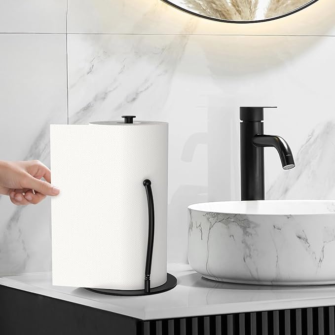 VEHHE Paper Towel Holder Countertop with Spring Arm, EVA Non-Slip Base, Freestanding Paper Towel Holder for Kitchen Bathroom (Black)