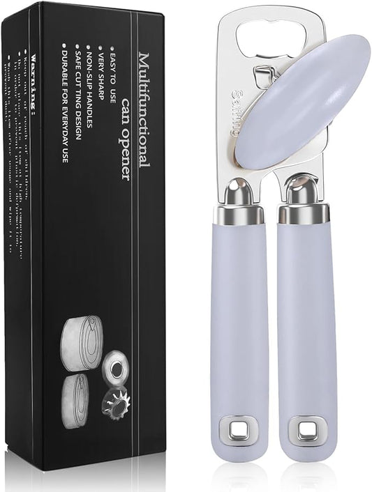 Safring Can Opener Manual, Heavy Duty Stainless Steel Smooth Edge Can Opener With Soft Touch Handle, Oversized Handheld Easy Turn Knob, Multi-Function Bottle Opener, Lavender