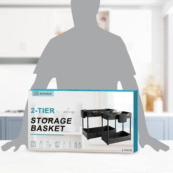 Sevenblue 2 Pack Under Sink Organizer, Under Bathroom Cabinet Organizer with Hooks Hanging Cup, Multi-Purpose Storage Shelf for Kitchen Bathroom, Black - Image 7