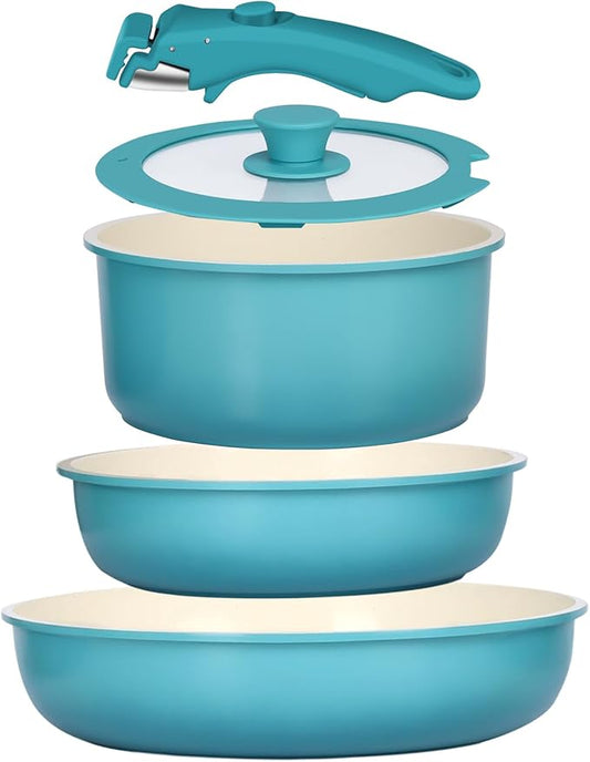 GIPP 5pcs Pots and Pans Set Non Stick, Nonstick Cookware Set Detachable Handle, Ceramic Pots for Cooking Non Stick with Removable Handle, RV Cookware Set for All Stoves, Light Blue Gradient