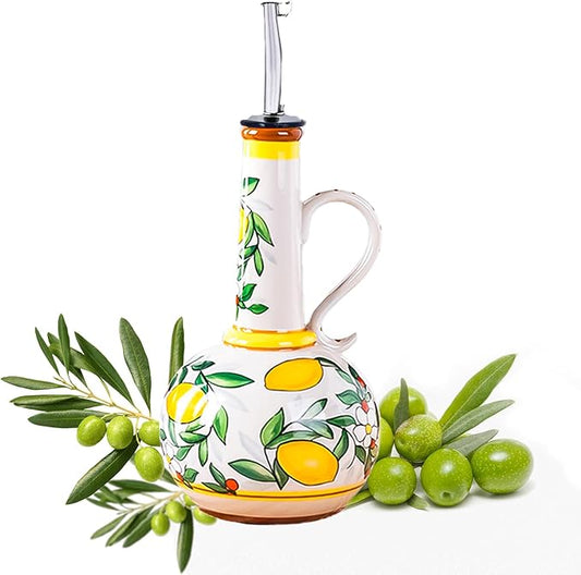 Ceramic Olive Oil Dispenser Bottle – 18.3 oz Oil Cruet with Spout and Handle, Lemon Pattern, 10.2” Tall – Non-Drip Pourer for Kitchen Counter, Salad Dressing, Vinegar, Decorative Oil Container by Gnlnkn