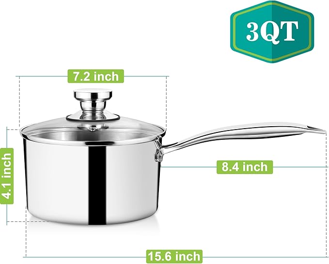 P&P CHEF 3 Quarts Tri-Ply Stockpot and Saucepan, Stainless Steel Sauce Pan with Lid, Cooking Induction Pot, Kitchen Cookware for All Stoves, Non-Toxic, Sturdy & Dishwasher Safe, 1 Piece