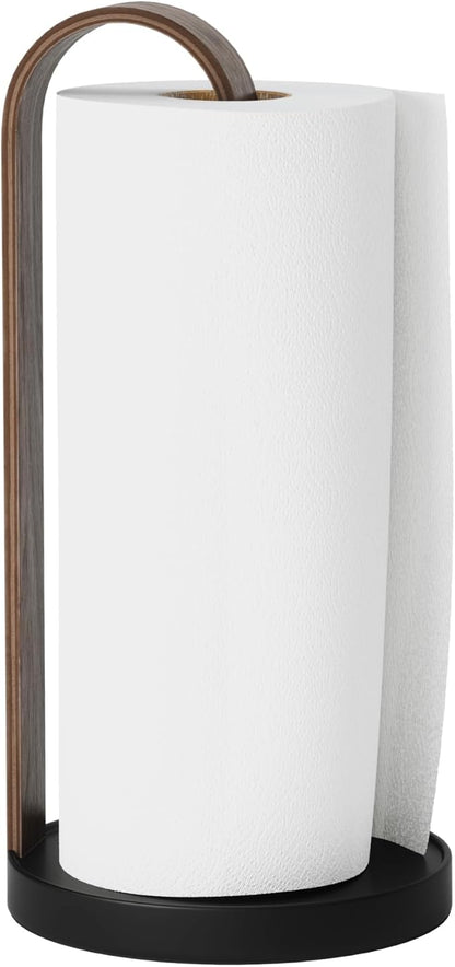 Umbra Bellwood Paper Towel Holder for Kitchen Countertop, with Real Wood Stand and Weighted Metal Base, Black/Walnut by Umbra