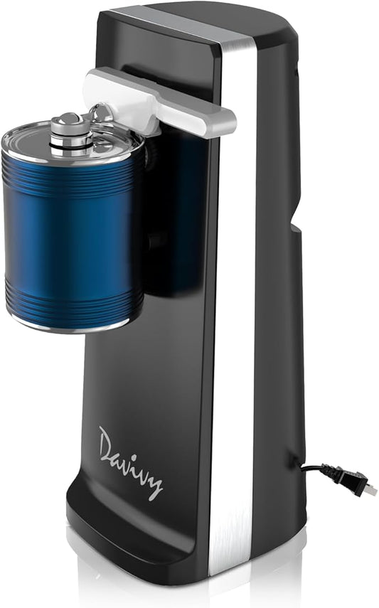 Davivy Electric Can Opener, One Touch Lid Opener, Removable Stainless Steel Cutter and 3-in-1 Design, with Sharpener and Bottle Opener (Black)