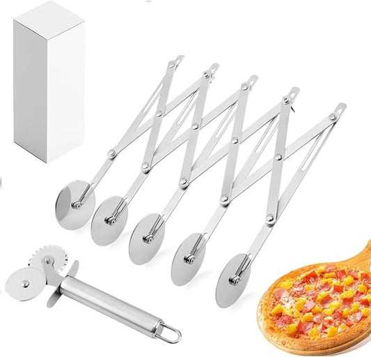 5 Wheel Stainless Steel Pizza Cutter with Double Wheel Dough Divider Expandable Multi Use Pastry Knife Baking Roller for Kitchen by AQEENURA