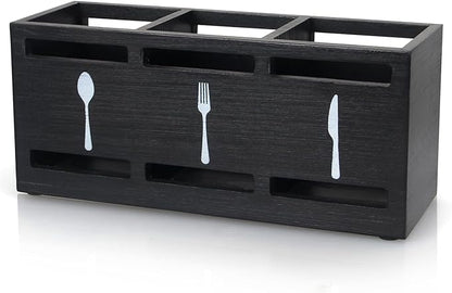 Ayiaren Wooden Silverware Caddy Flatware Cutlery Holder Wood Silverware Organizer Containers Small Black Kitchen Utensil Holder for Countertop Spoon and Fork Holder Flatware Utensils Caddy for Party by Ayiaren