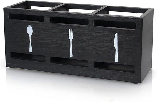 Ayiaren Wooden Silverware Caddy Flatware Cutlery Holder Wood Silverware Organizer Containers Small Black Kitchen Utensil Holder for Countertop Spoon and Fork Holder Flatware Utensils Caddy for Party by Ayiaren