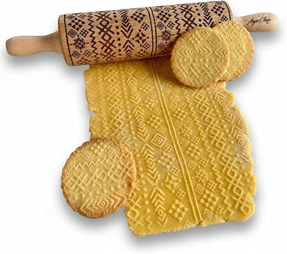 AZTEC Embossed Rolling Pin for Ceramic. Clay Roller and Ceramic Stamp for Embossing Pottery. Baking Gifts for Women by Algis Crafts for Embossed Cookies