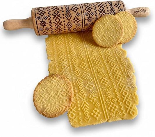 AZTEC Embossed Rolling Pin for Ceramic. Clay Roller and Ceramic Stamp for Embossing Pottery. Baking Gifts for Women by Algis Crafts for Embossed Cookies