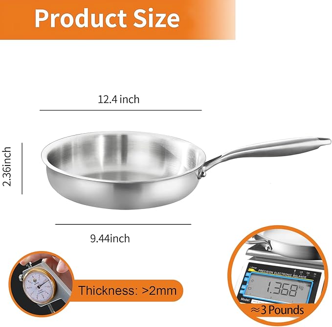 DELARLO Tri-Ply Stainless Steel Pan, 18/10 Frying Pan, Oven Safe Up to 600°F, Nontoxic Cookware, Compatible with All Cooktops Skillet, Durable, Fast Even Heat Fry Pan,12.5 inch Steel Frying Pan - Image 3