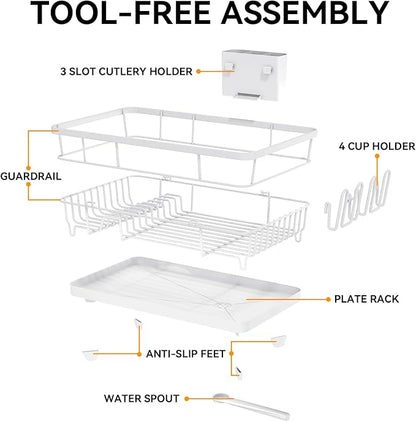 TOOLF Dish Drying Rack, Dish Racks for Kitchen Counter, Stainless Steel Sink Organization and Storage Essentials with Cutlery Holder, Dish Drainer, Home and Appartment Decor, 12.4''W x 16.5''L, White