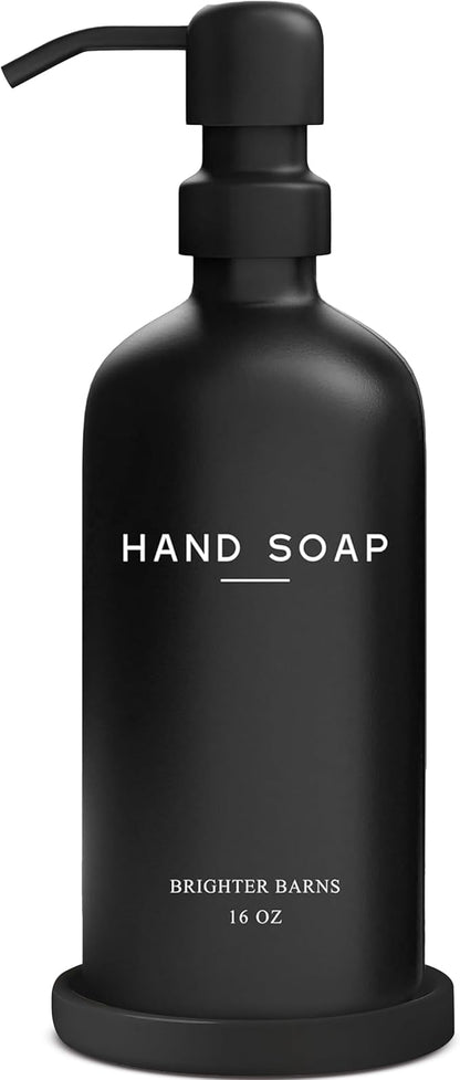 Black Glass Hand Soap Dispenser Bathroom Set by Brighter Barns - Bathroom Soap Dispenser Set with Tray and Stainless Steel Pump - Modern Decor for Kitchen, Hotel, Vacation Rental, Restaurants (Black) by BrighterBarns