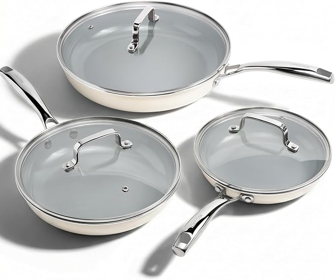 Kikcoin Non Stick Frying Pans with Lid, 3 Pack Ceramic Frying Pan for Cooking, 8+9.5+11 Inch Omelette Pans Set with Stay Cool Handle, Induction Ready, Free of PFAS PFOA PTFE, Oven/Dishwasher Safe by Kikcoin