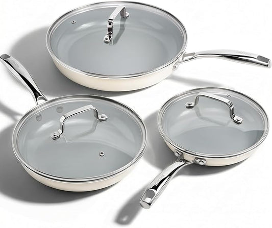 Kikcoin Non Stick Frying Pans with Lid, 3 Pack Ceramic Frying Pan for Cooking, 8+9.5+11 Inch Omelette Pans Set with Stay Cool Handle, Induction Ready, Free of PFAS PFOA PTFE, Oven/Dishwasher Safe by Kikcoin