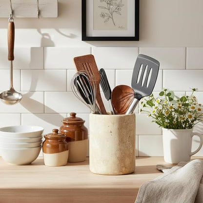 Marble Utensil Holder 6.5 Inch Travertine Utensil Caddy, Wooden Cooking Utensils Set & Spatula Organizer for Kitchen Counter Decor, Stone Crock for Spoon Holder & Farmhouse Decor