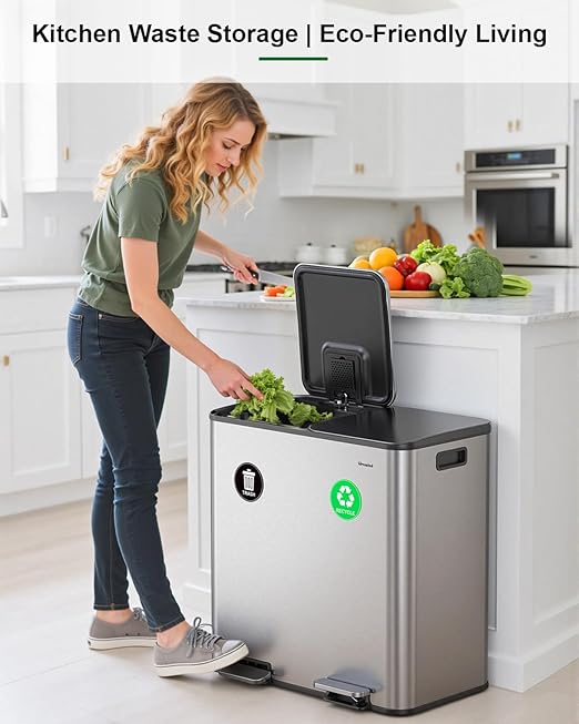 Lovewind 2×11.5 Gallon Dual Trash Can, Stainless Steel Dual Garbage and Recycling Can with Foot Pedal, 90° Stay-Open Lid, Pet-Proof Design – Large Dual Compartment Trash Recycling Bins Kitchen, Silver