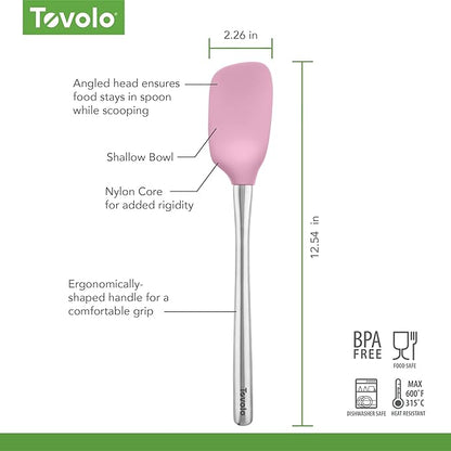 Tovolo Spoon Spatula Spoonula with Stainless Steel Handle Ergonomic Grip Pink Sorbet, Silicone Scoopula Kitchen Utensil Non Scratch Easy Clean Dishwasher Safe Heat Resistant Flex Core Scoop Spatula