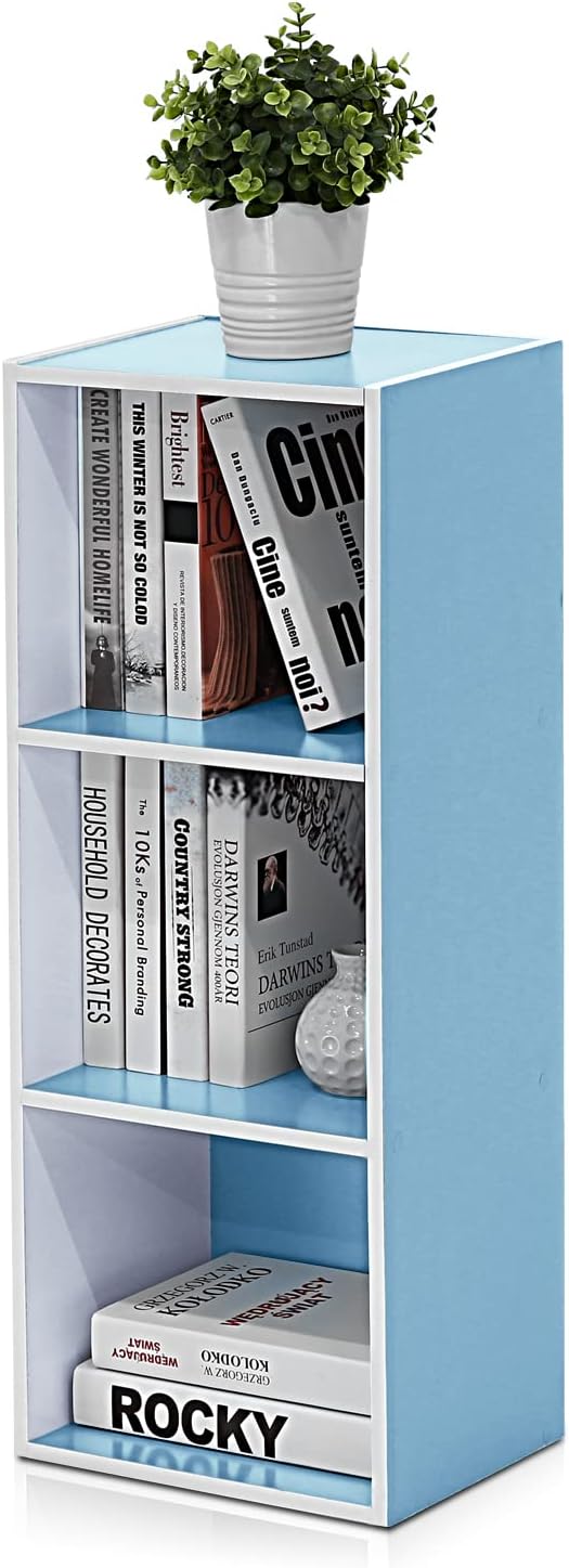 Furinno LUDER Book Shelf, 3-Cube Bookshelf, Bookcase with Open Shelves, 9.3 x 12 x 31.5, Easy Assembly, for Living Room, Bedroom, Home Office, White/Light Blue - Image 5