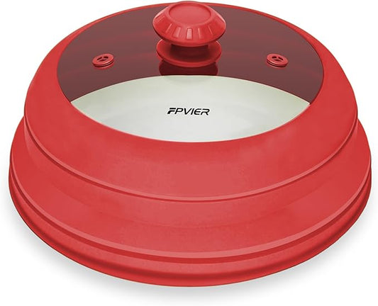 Microwave Splatter cover, Glass Microwave Cover for Food, 10.8 inch Guard Lid with Collapsible Silicone for 6-10 inch Plates & Bowls, Dishwasher Safe, 450°F Heat Resistant, BPA-Free, Red