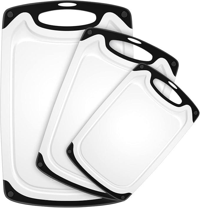Plastic Cutting Board, 3 Pieces Dishwasher Safe Cutting Boards with Juice Grooves, Easy Grip Handle, Non-Slip, with Grinding Area for Grinding Garlic and Ginger（White） by Viretang