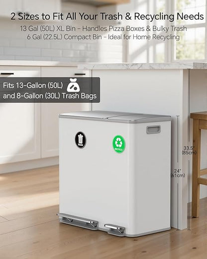 Lovewind Dual Trash and Recycling Bins for Kitchen, 13+6 Gallon Stainless Steel Garbage and Recycle Bin Combo for Large Families, Dual Trash Can with Soft Close Lid & Magnetic Stickers, White - Image 3