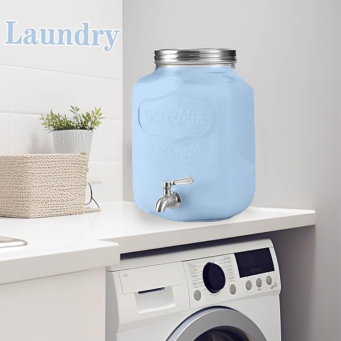 2 Gallon Drink Dispenser with 18/8 Stainless Steel Spigot, Sun Tea Glass Mason Jar for Outside, Iced Lemonade Beverage Dispenser with Ice Core, Large Water Juice Jug, Punch Dispenser for Parties