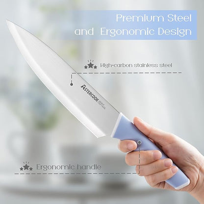 Astercook Kitchen Knife Set with Block and Sharpener 15 Piece German High Carbon Stainless Steel Knives Sharp Blade Dishwasher Safe Deba Knives with Ergonomic Handle, Delicate Blue - Image 3