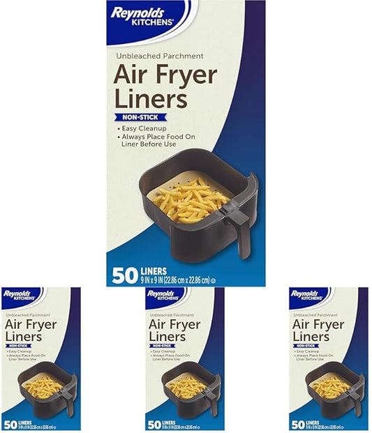 Reynolds Kitchens Air Fryer Liners Disposable, Unbleached Parchment Paper Sheets, 50 Count (Pack of 4) by ReynoldsConsumerProducts