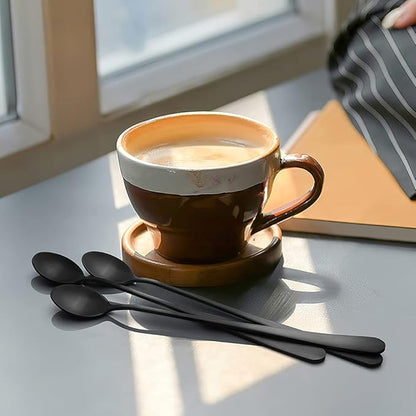 IQCWOOD Long Handle Ice Tea Spoons, 9-inch Black Coffee Stirrers, Stainless Steel Coffee Bar Spoon, Long Tea Spoon Cocktail Spoons for Stirring, Set of 4