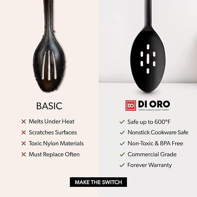 DI ORO Silicone Spoons for Cooking - Large Kitchen Spoons for Mixing, Serving, & Stirring - 600°F Heat-Resistant Non Stick Utensils – Big Solid & Slotted - Dishwasher Safe (2pc, Black) - Image 6