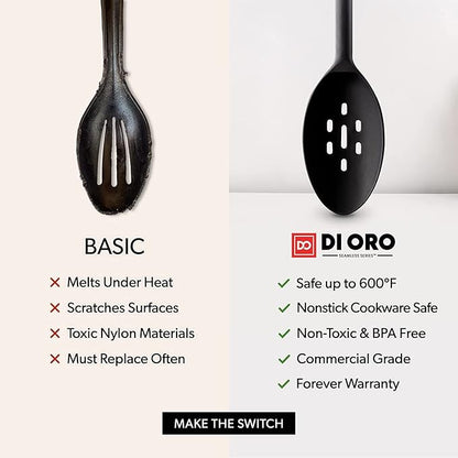 DI ORO Silicone Spoons for Cooking - Large Kitchen Spoons for Mixing, Serving, & Stirring - 600°F Heat-Resistant Non Stick Utensils – Big Solid & Slotted - Dishwasher Safe (2pc, Black) - Image 6