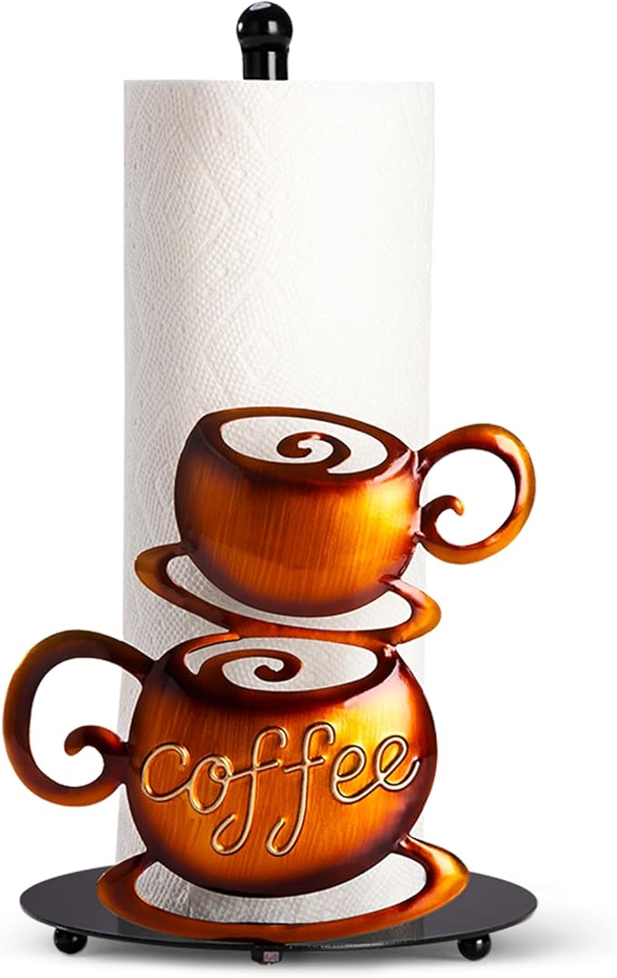 Standing Paper Towel Roll Holder Countertop for Coffee Lovers Women Men, Farmhouse Kitchen Decor and Accessories, Coffee Table Decor for Kitchen Home, 3D Hand-Painting Pattern, Metal by Shinlar