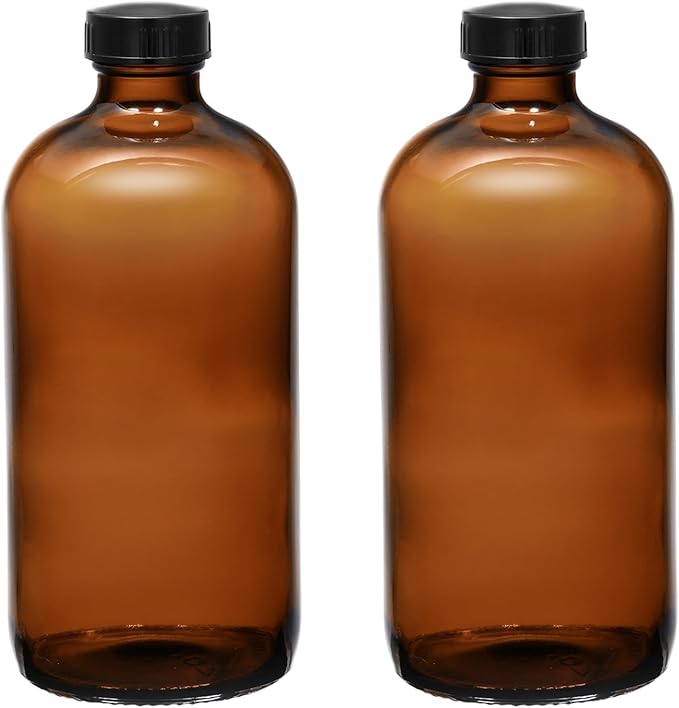 (2 Pack) - 16 oz Amber Glass Boston Round Bottles with Black Airtight Polycone Caps – Reusable UV-Resistant Glass Containers for Homemade Extracts, Oils, Herbal Remedies, and Fermentation (Large) by Unknown