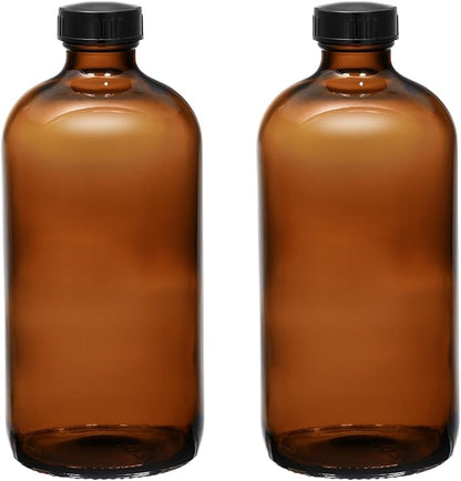 (2 Pack) - 16 oz Amber Glass Boston Round Bottles with Black Airtight Polycone Caps – Reusable UV-Resistant Glass Containers for Homemade Extracts, Oils, Herbal Remedies, and Fermentation (Large) by Unknown