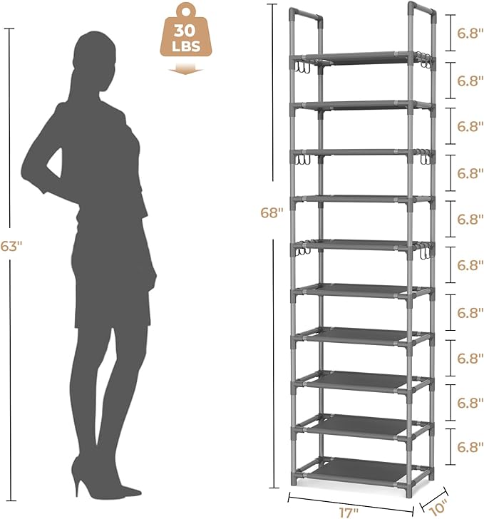 VTRIN 10 Tiers Tall Shoe Rack Holds 20-25 Pairs of Shoes Sturdy Vertical Shoe Organizer with 18pcs Hooks Stackable Narrow Shoe Rack for Closet, Entryway Grey - Image 3