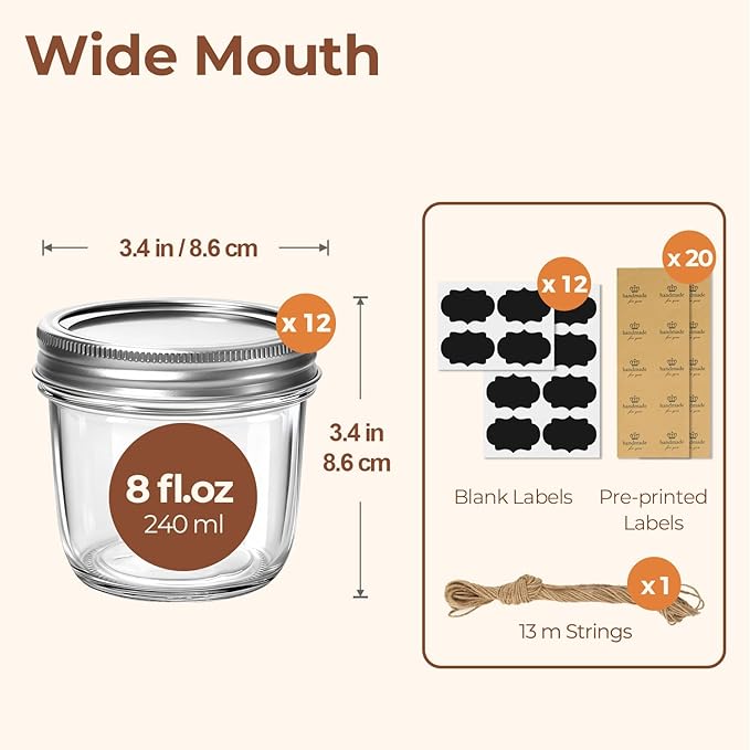 ComSaf 8 oz Wide Mouth Mason Jars, 12Pcs Glass Jars for Home Cooks Making Jam and Jelly, and Crafters Creating DIY Candles and Party Favors, Canning Jar with Lids and Rings，Includes Labels & Twine - Image 2