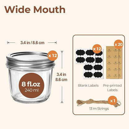 ComSaf 8 oz Wide Mouth Mason Jars, 12Pcs Glass Jars for Home Cooks Making Jam and Jelly, and Crafters Creating DIY Candles and Party Favors, Canning Jar with Lids and Rings，Includes Labels & Twine - Image 2