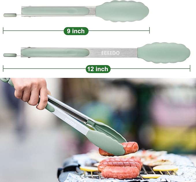 Tongs for Cooking, 600ºF High Heat-Resistant Stainless Steel Kitchen Tongs with Silicone Tips, Non Scratch, Locking Tong for BBQ Grilling Air Fryer Food Salads, Set of 2 (9" and 12") Sage Green - Image 6