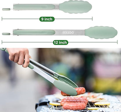 Tongs for Cooking, 600ºF High Heat-Resistant Stainless Steel Kitchen Tongs with Silicone Tips, Non Scratch, Locking Tong for BBQ Grilling Air Fryer Food Salads, Set of 2 (9" and 12") Sage Green - Image 6