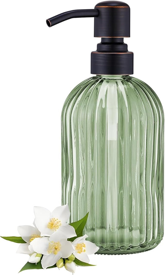 16Oz Green Glass Soap Dispenser with Rust Proof Bronze Stainless Steel Pump, Green Countertop Refillable Liquid Lotion Dispensers with Stainless Steel Pump, Oil Rubbed Bronze Soap Dispenser