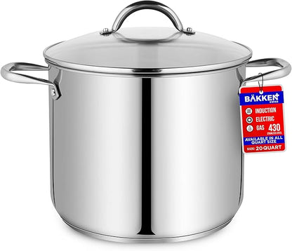 Stainless Steel Stockpot with Tempered Glass Lid 20 Quart, Durable 18/0 Stainless Steel, Impact-Bonded Base for Even Heating, Riveted Handles, Oven & All Stove Compatible, Safe Up To 500°F (260°C) by Unknown