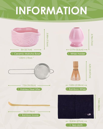 Matcha Whisk Set, Ceramic Matcha Set Includes Bowl with Spout, Whisk and Holder, Bamboo Scoop, Sifter and Tea Towel - 6 Pcs Matcha Kit Gift for Lovers Beginners (Pink) - Image 6