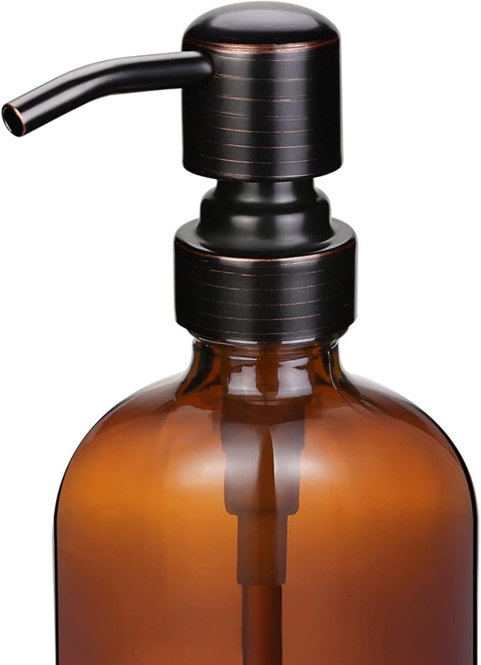 2 Pack 16 Ounce Boston Round Glass Bottles Soap Dispenser with Oil Rubbed Bronze Stainless Steel Pumps - Image 2