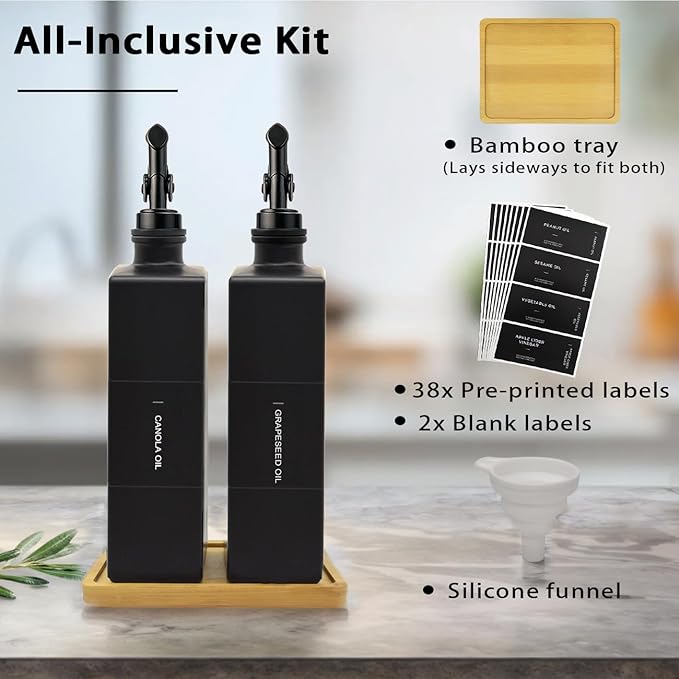 Olive Oil Dispenser Bottle for Kitchen with Bamboo Tray, 16.9oz Glass Oil Bottles and Vinegar Dispenser Set, Decorative Avocado Oil Dispenser Set, Gourmet Gift for Bakers (Black, Set of 2) - Image 4
