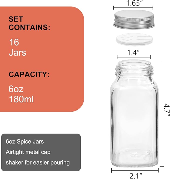 16 Pack 6 oz Glass Spice Jars with 80 Black Labels,180ml Empty Square Spice Containers Seasoning Bottles with Silver Caps and Shaker Lids for Kitchen Storage(Chalk Marker,Funnel and Brush include) - Image 2