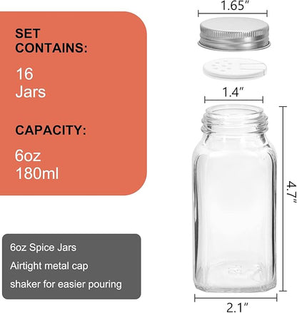 16 Pack 6 oz Glass Spice Jars with 80 Black Labels,180ml Empty Square Spice Containers Seasoning Bottles with Silver Caps and Shaker Lids for Kitchen Storage(Chalk Marker,Funnel and Brush include) - Image 2