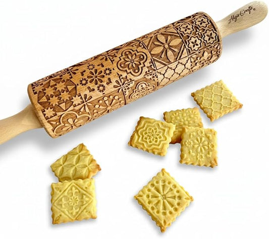 PORTUGUESE TILES Embossed Rolling Pin for Ceramic. Clay Roller and Ceramic Stamp for Embossing Pottery. Baking Gifts for Women by Algis Crafts for Embossed Cookies
