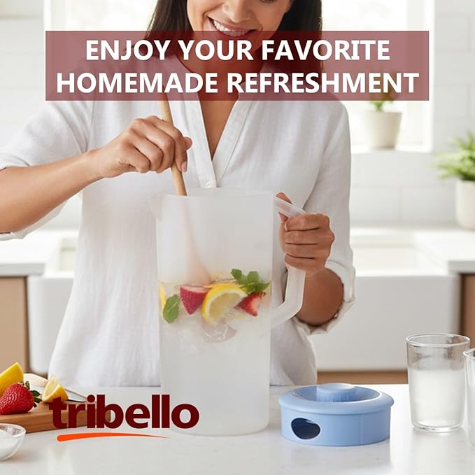 Tribello Pitcher with Lid Half Gallon, Clear Round Plastic Water Pitcher with 3-Way Lid, Ideal for Lemonade, Ice Tea, and Drinks, Freezer/Dishwasher Safe, and BPA Free (0.5 Gallon/2 Liters) - Image 8