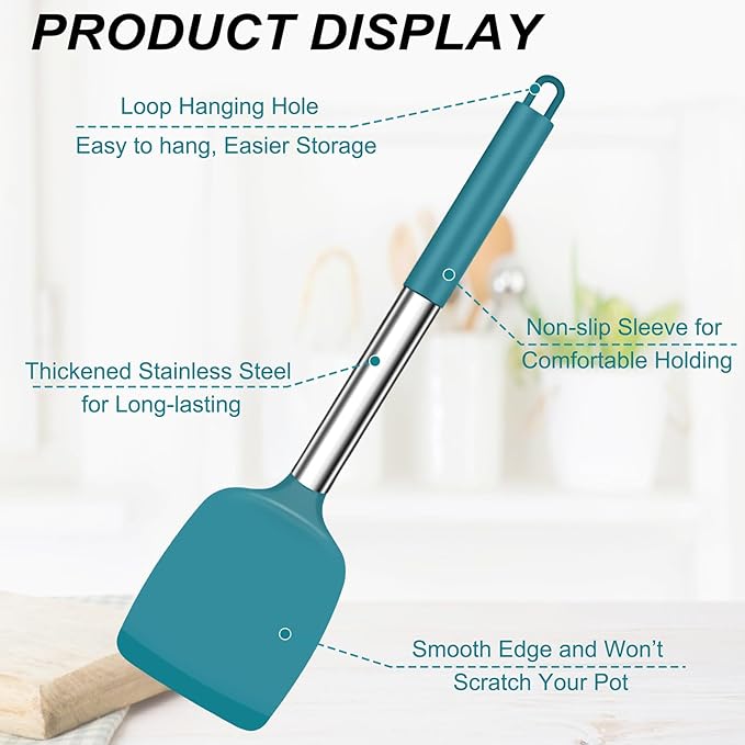 TeamFar Cooking Utensils Set, 4PCS Heatproof Silicone Utensil Kitchen Tools with Stainless Steel Handle, for Non-stick Cookware Flipping Frying Draining, Nontoxic & Non scratch, Easy Clean - Navy Blue - Image 3